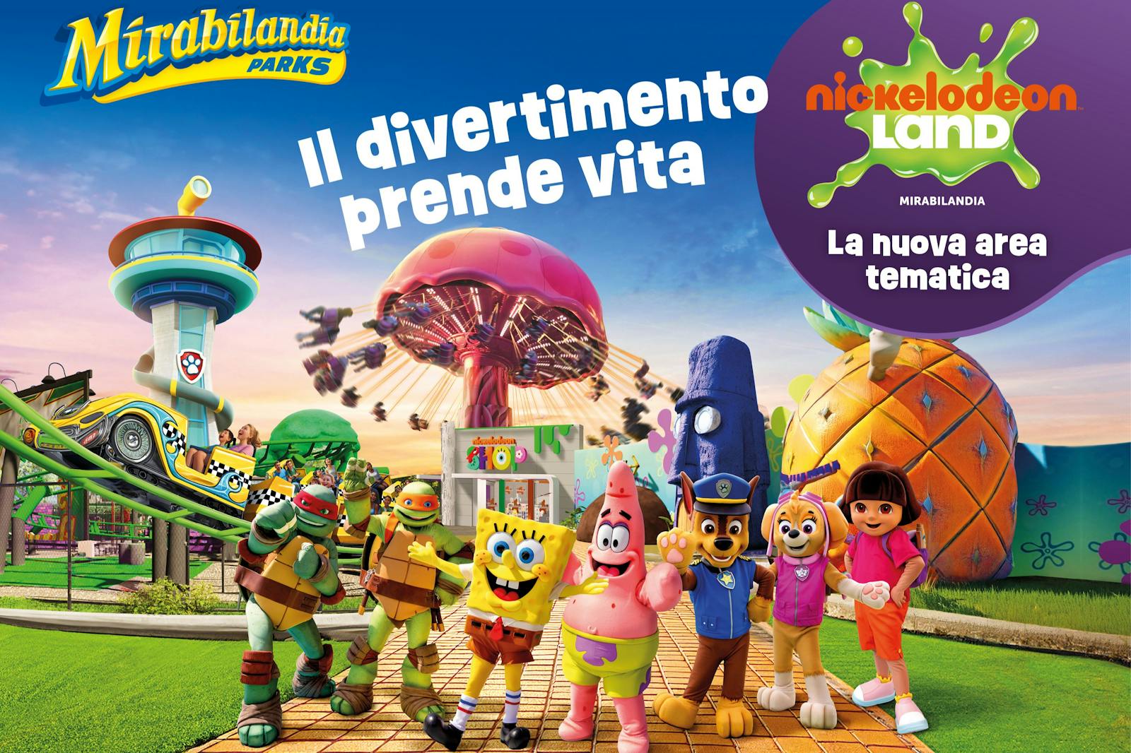 Персонажи Nickelodeon перед аттракционами Mirabilandia